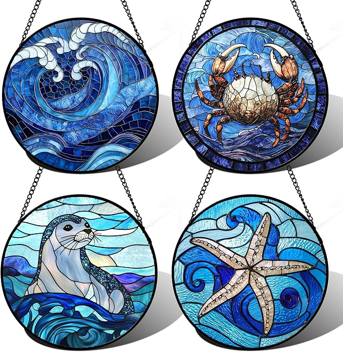 DASTOLL Stained Glass Window Hanging 4 Pcs Set Blue Ocean Waves 7.8"