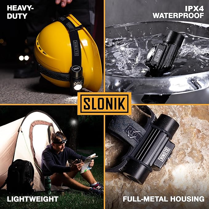 SLONIK Headlamp Rechargeable - 1000 Lumen LED USB Rechargeable Headlight - IPX4 Waterproof Head Lamp with Bright 60 ft Flashlight Beam - Hiking & Outdoor Camping Gear, Black - LED Headlamp