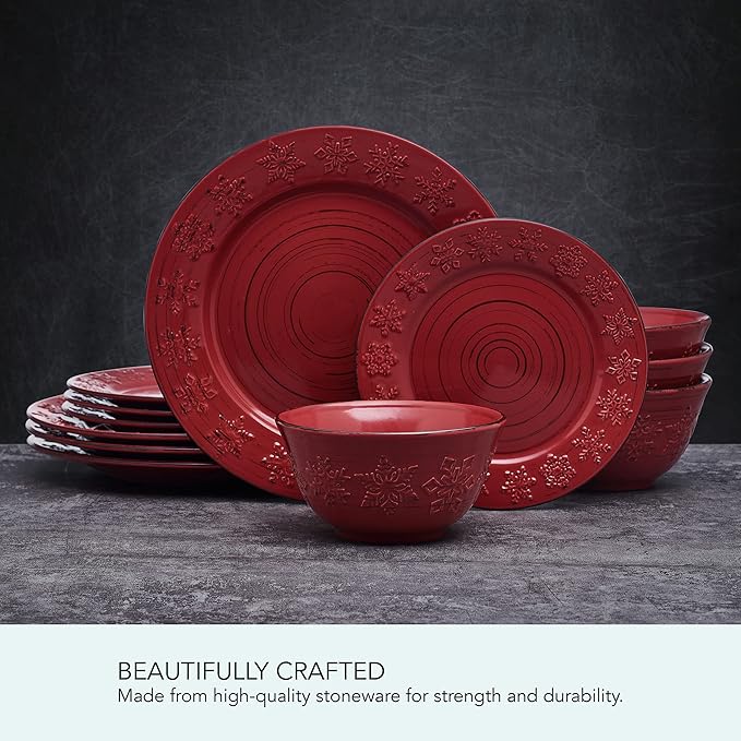 Pfaltzgraff Trellis Snowflakes 12 Piece Dinnerware Set, Service For 4, Red