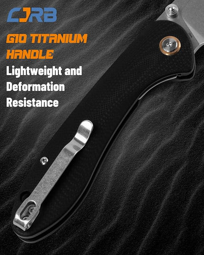 CJRB Feldspar Folding Knife - Stonewash D2 Steel Blade, G10 Tactical Handle, EDC Pocket Knife, Black Handle (J1912)