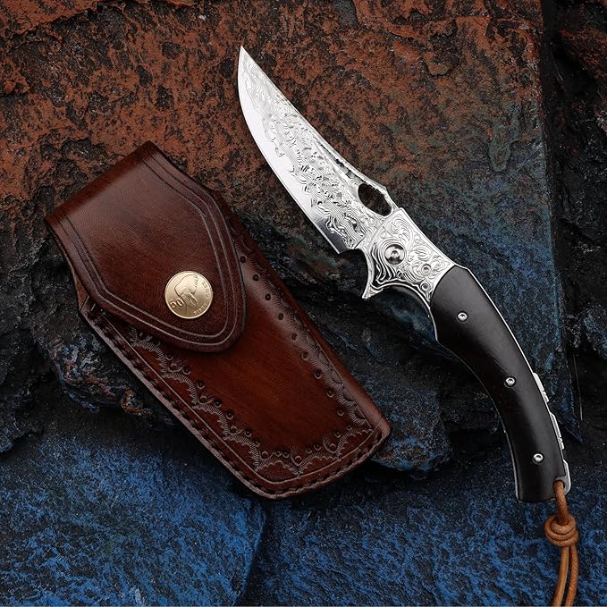 3.5 inch Japanese VG10 Damascus Steel Outdoor Folding Knife with Black Wood Handle, Lined Lock, EDC & Camping Use