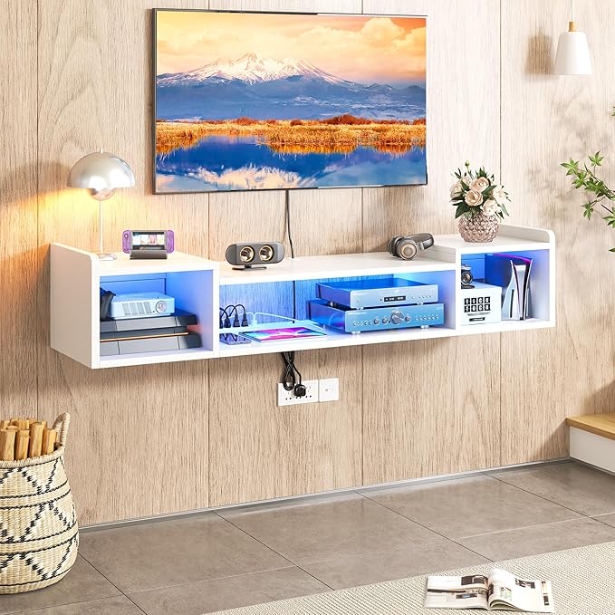 55.1"W Floating TV Stand with LED Lights & Power Outlets