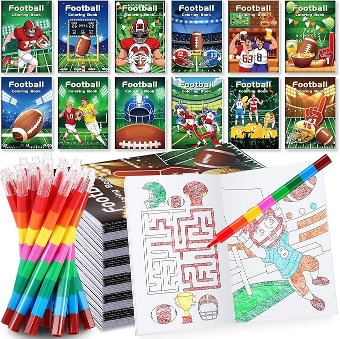 BenLouis 12 Football Mini Coloring Books Kids with 12 Stacking Crayons Sports Football Theme Party Favors Small Activity Books Bulk for Kids Super Football Bowl Party Gift Goodie Bag Stuffers