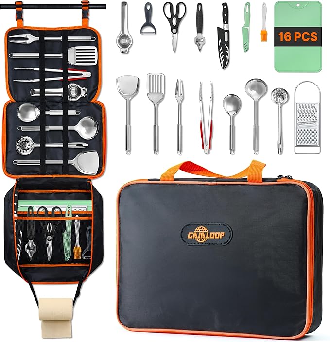 Camping Cooking Utensils Set Grilling Cookware Camp Kitchen Rotating Marshmallow Roasting Sticks BBQ Forks, Portable RV Camping Essentials Camper Must Haves for Cookouts Open Fire Pit