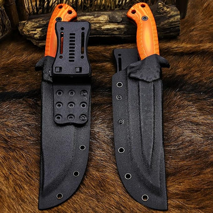 BA-KOR 12.4in Full Tang Fixed Blade Hunting Knife ??6mm 9CR18MoV Steel, G10 Handle, Stonewashed Sawback Blade with Kydex Sheath & Fire Starter for Outdoor, Camping, Survival (Orange with light yellow stripes)