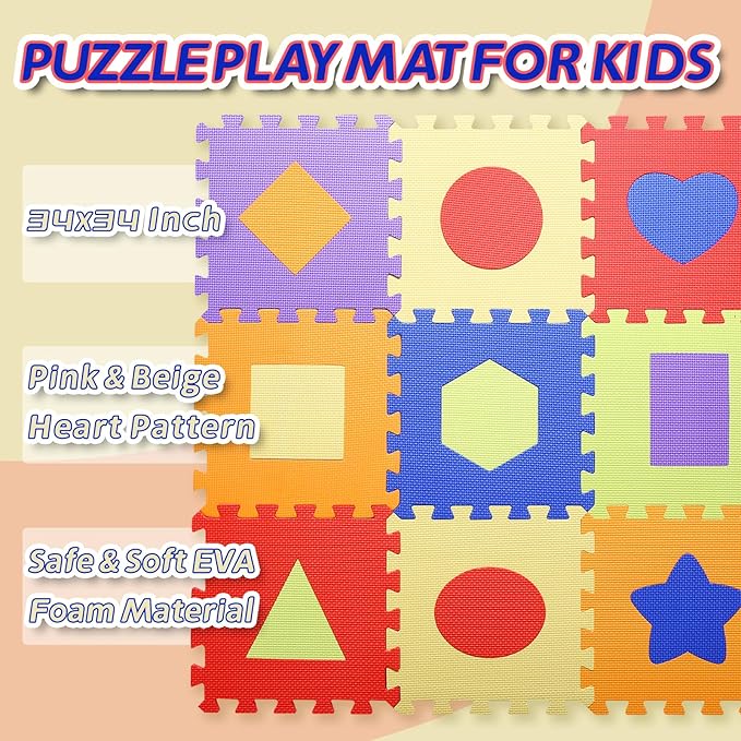 Coolcandy Baby Play Mat Without Fence, 9Pcs Interlocking Puzzle Floor Mat, 0.4" Thick Non-Toxic EVA Foam Play Mat, for Infants & Toddlers 3-36 Months, Soft Puzzle Tiles for Play Areas