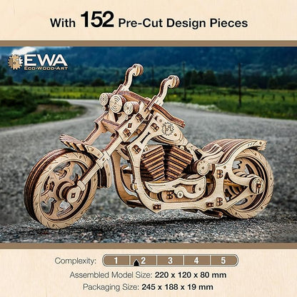 3D Puzzles for Adults - DIY Cruiser Motorcycle Model Kit with Rubber Band Engine, Functional Handlebars & Center Prop Stand - 3D Wooden Puzzle for 15 yrs Above & Adults - Eco Wood Art, 152 Pieces