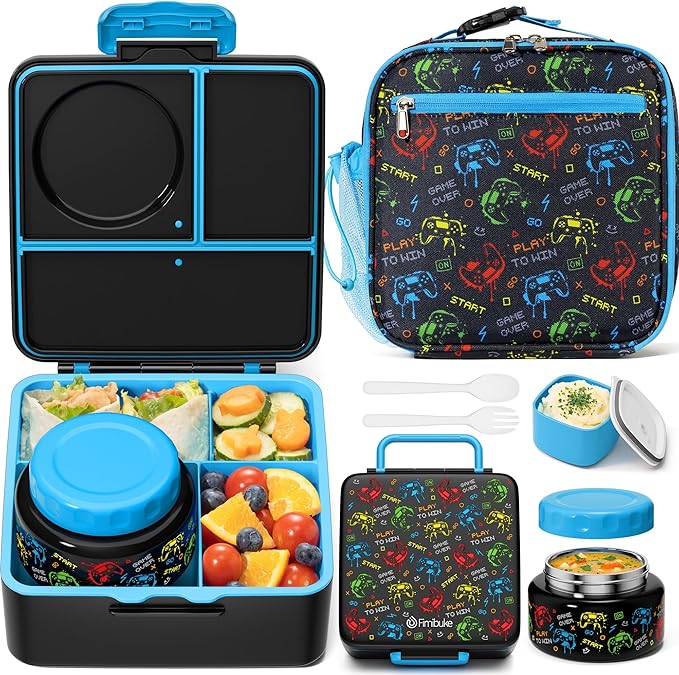 Fimibuke Bento lunch Box Set for Kids Adult with 8oz Thermos Food Jar, Insulated Lunch Bag &Sauce Cup, Leakproof Dishwasher Safe Toddler Lunch Food Container with 3-4 Compartment for School Girls Boys