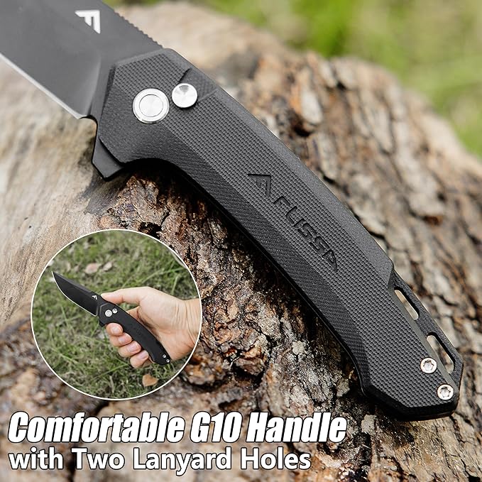 FLISSA Pocket Folding Knife, 3.2??D2 Blade G10 Handle EDC Knife with Button Lock and Pocket Clip for Hunting, Camping, Survival, Outdoor Activities(Black)