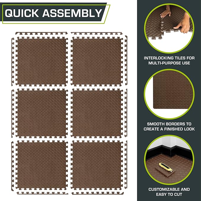 ProsourceFit Puzzle Exercise Mat ½ in, EVA Interlocking Foam Floor Tiles for Home Gym, Mat for Home Workout Equipment, Floor Padding for Kids, Brown, 24 in x 24 in x ½ in, 24 Sq Ft - 6 Tiles