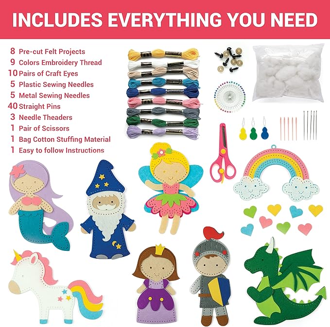 Craftorama Sewing Kit for Kids, Fun and Educational Fairytale Craft Set for Boys and Girls Age 7-12, Sew Your Own Felt Animals Craft Kit for Beginners, 165 Piece Set