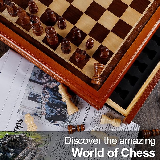 Juegoal 12-Inch Wooden Chess & Checkers Set with Storage Drawer, Portable Board Games for Kids and Adults