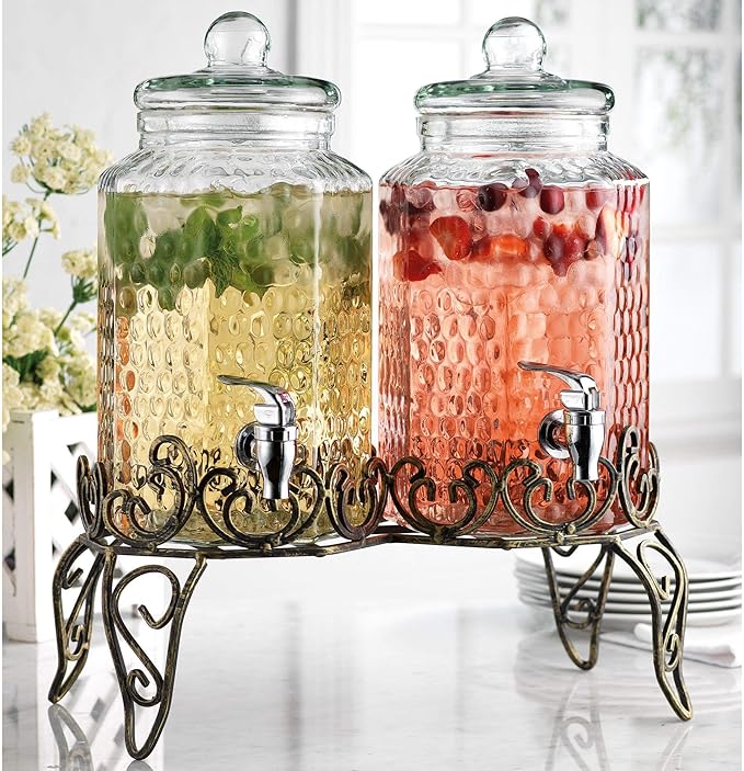 Classic Hammered Glass Beverage Dispenser with Elegant Stand (Set of 2), 1 Gallon Glass Drink Dispenser with Stand & Spigot, Party Drink Dispensers for Lemonade, Punch, Water, Juice