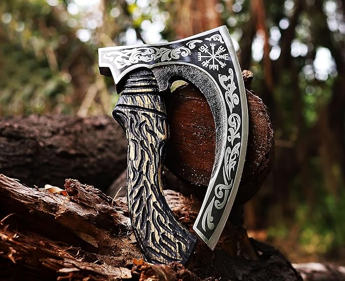 Viking Pizza Axe | Engraved Blade Pizza Cutter with Rosewood Handle & Leather Sheath | Norse Style Collectible Kitchen Tool & Gift for Pizza Lovers (WCA-027)