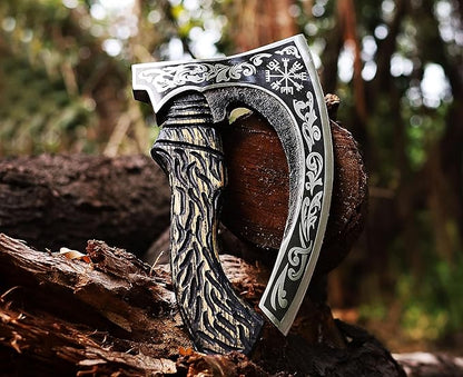 Viking Pizza Axe | Engraved Blade Pizza Cutter with Rosewood Handle & Leather Sheath | Norse Style Collectible Kitchen Tool & Gift for Pizza Lovers (WCA-027)