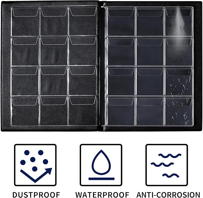 120 Pockets Coin Album - Coin Collecting Book with 10 Pages, 45x43 mm Grid Holder for Pounds Pence Cents Dollars Nickel (Black) CS48120BK